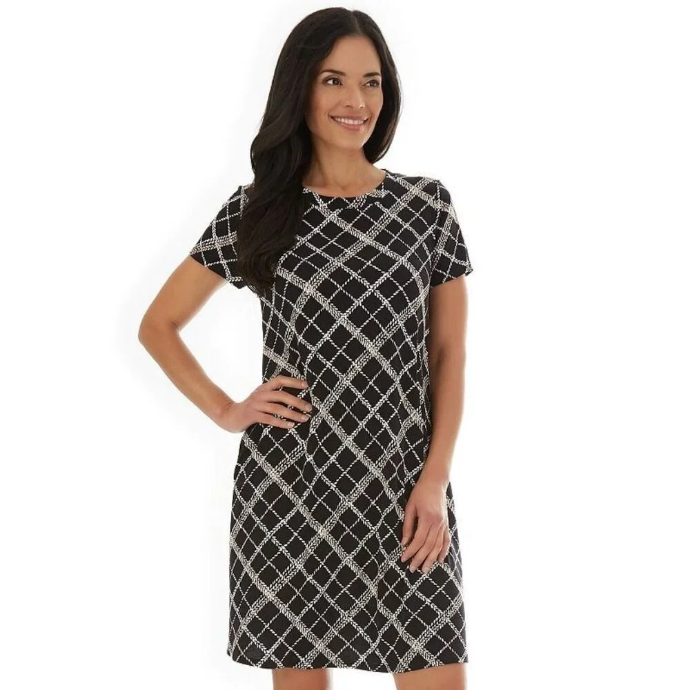 Apt.‎ 9 Black Plaid Short Sleeve Shift Dress w/Pockets Size M Spring Summer